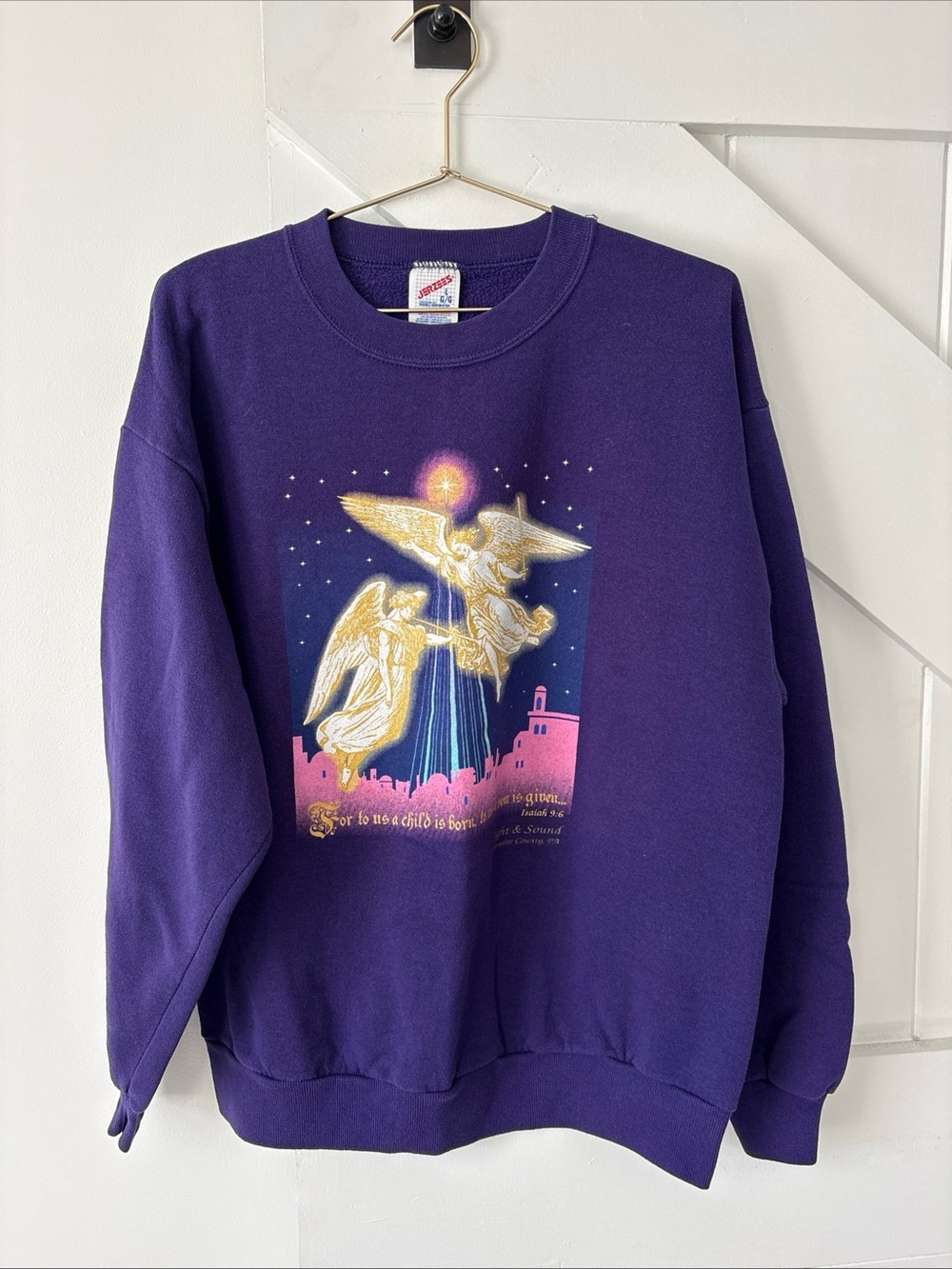 Vintage Jerzees Christmas Religious Angel Sweatshirt Crewneck Large Purple